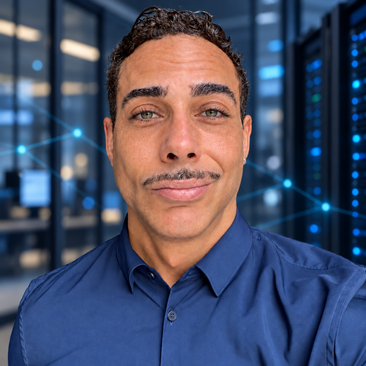 Brandon Pope in a blue shirt with a technology workspace background